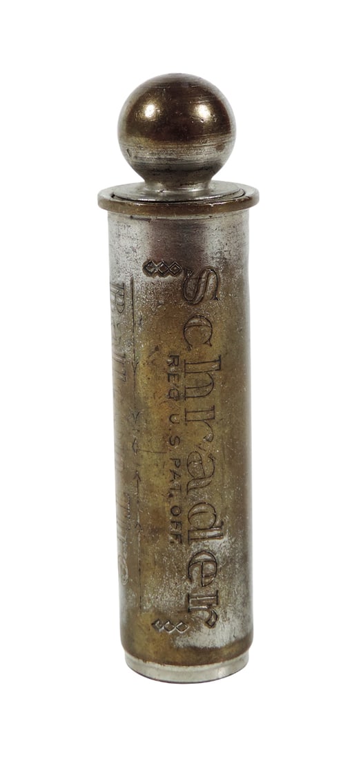 Automotive Schrader Balloon Tire Gauge, REG U.S. PAT OFF, Mfg By A. Schrader's Son, Inc., Brooklyn,: Automotive Schrader Balloon Tire Gauge, REG U.S. PAT OFF, Mfg By A. Schrader's Son, Inc., Brooklyn, NY-USA, PAT REG'd 1909, 1916, 1922, 1923, Exc cond w/minor age-related wear, L 3 in.