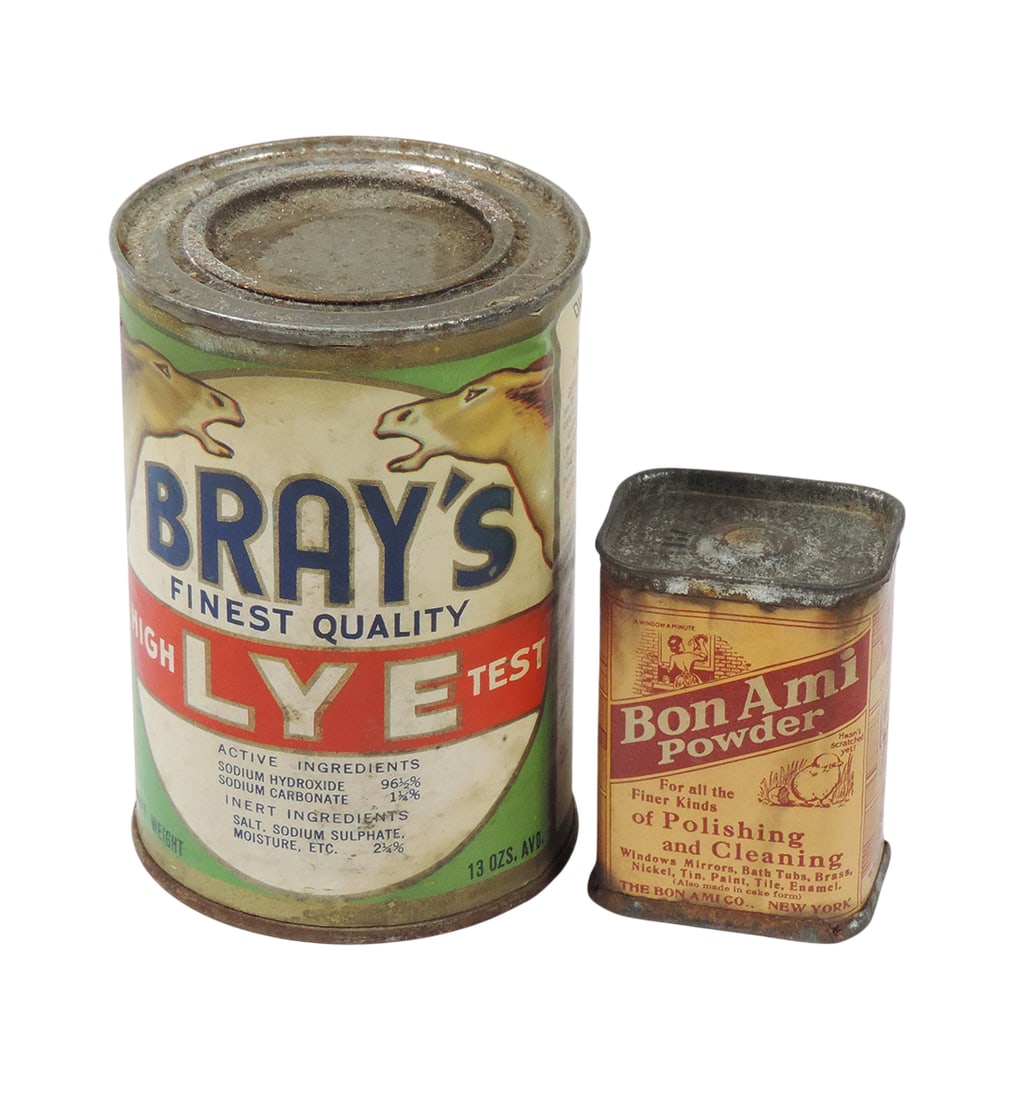 Country Store Bon Ami Powder & Bray's Lye (POISON), both NOS w/orig contents, Bray's Lye, Packed by: Country Store Bon Ami Powder & Bray's Lye (POISON), both NOS w/orig contents, Bray's Lye, Packed by Bray Chemical Co., Chicago, Ill-USA, Subsidiary of the Mathieson Alkali Works (Inc.), Net Wt 13 oz a