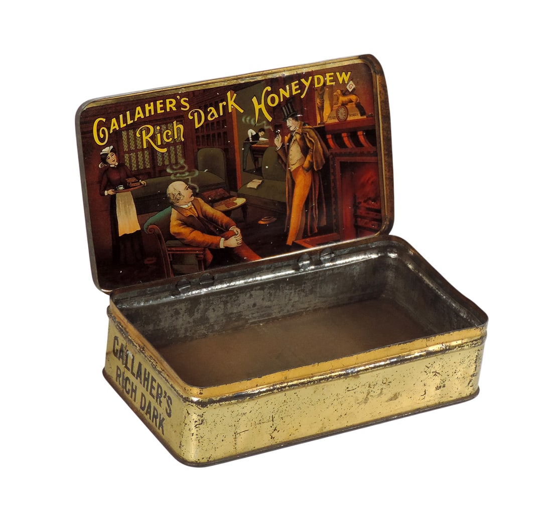 Tobacco Tin, Gallaher's Rich Dark Honeydew, sometimes referred to as the "Sherlock Tin", Trade Ma...: Tobacco Tin, Gallaher's Rich Dark Honeydew, sometimes referred to as the "Sherlock Tin", Trade Mark, Gallaher Limited, Gallaher's Rich Dark, litho on tin, no product, c. early 1900s, Good+ cond w/age-