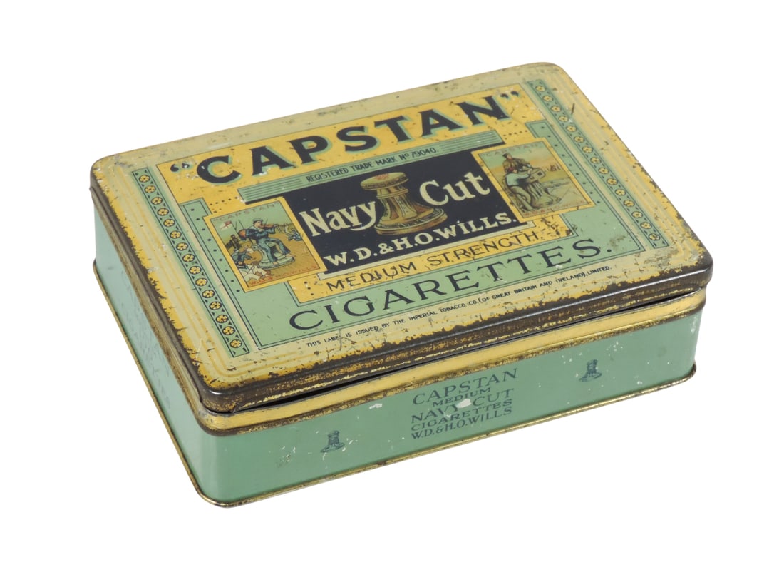 Tobacco Tin, "Capstan" Navy Cut Cigarettes, W.D. & H.O. Wills, REG Trade Mark No. 79040, This label (1 of 2)