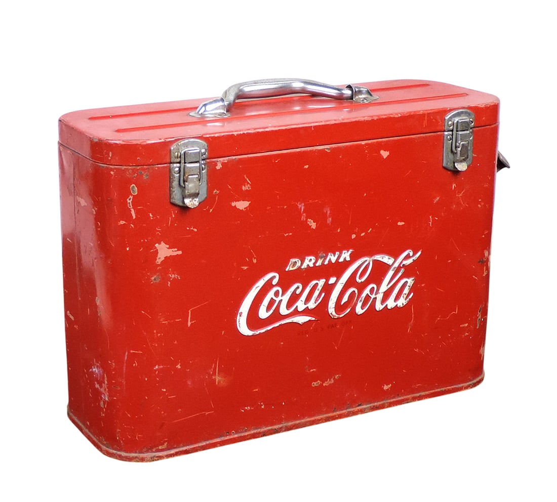 Coca-Cola Airline Picnic Cooler, embossed Drink Coca-Cola, stamped REG US PAT OFF, bottle opener on (1 of 2)