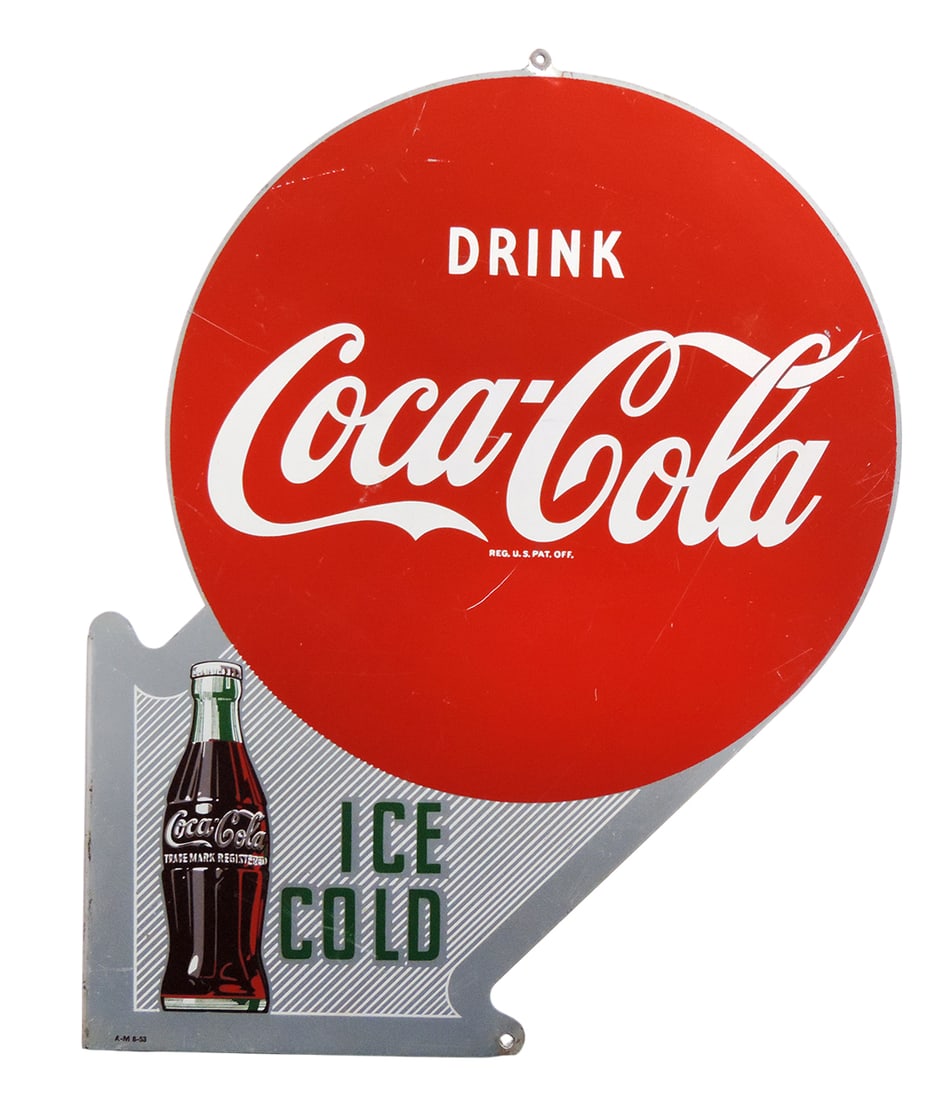 Coca-Cola Double Sided Flange Sign, c.1953, Drink Coca-Cola w/bottle Ice Cold, litho on metal, ma... (1 of 2)