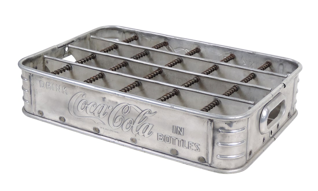 Coca-Cola 24-Bottle Carrier Crate, aluminum, embossed Drink Coca-Cola In Bottles, REG US PAT OFF,... (1 of 2)