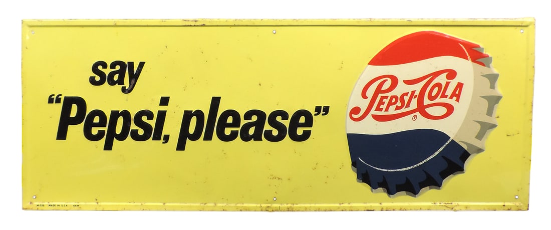 Pepsi-Cola Sign, litho on metal, embossed Pepsi-Cola top, say "Pepsi, Please", Made in USA, M-1...: Pepsi-Cola Sign, litho on metal, embossed Pepsi-Cola top, say "Pepsi, Please", Made in USA, M-156, AAW, c. mid 1900s, corrosion spots w/no dents or bends, overall VG cond, H 11.5 x W 31 in.