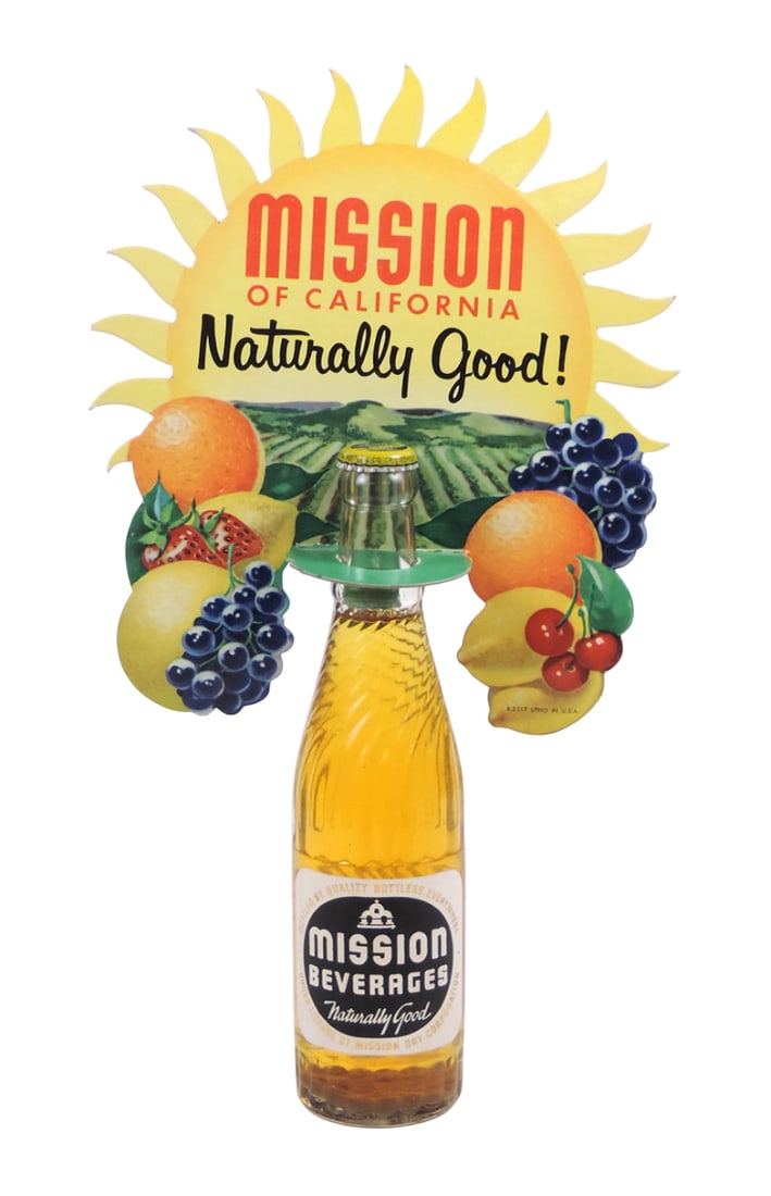 Advertising Mission Beverages Bottle Display, litho on diecut cdbd, Mission of California, Natura... (1 of 1)