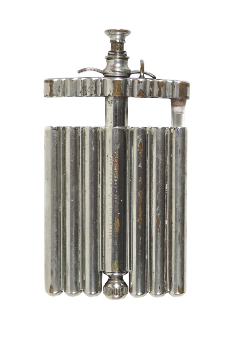 Military Issued Travel Syringe Kit, embossed MILITARY PAT May 22, 1900, The Randall Faichney Co.,...: Military Issued Travel Syringe Kit, embossed MILITARY PAT May 22, 1900, The Randall Faichney Co., Boston USA, kit includes a syringe holder & one glass vial for storing tablets, Exc cond w/minor age-r