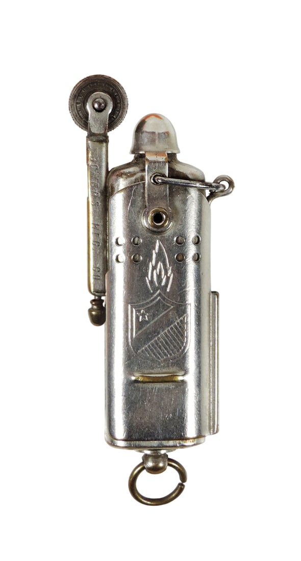 Military Trench Cigarette Lighter, embossed Bowers Mfg Co., Kalamazoo, Mich-USA, operated by a wh...: Military Trench Cigarette Lighter, embossed Bowers Mfg Co., Kalamazoo, Mich-USA, operated by a wheel mechanism, metal, c. WWII era, Exc cond w/working mechanism, H 3.25 in.