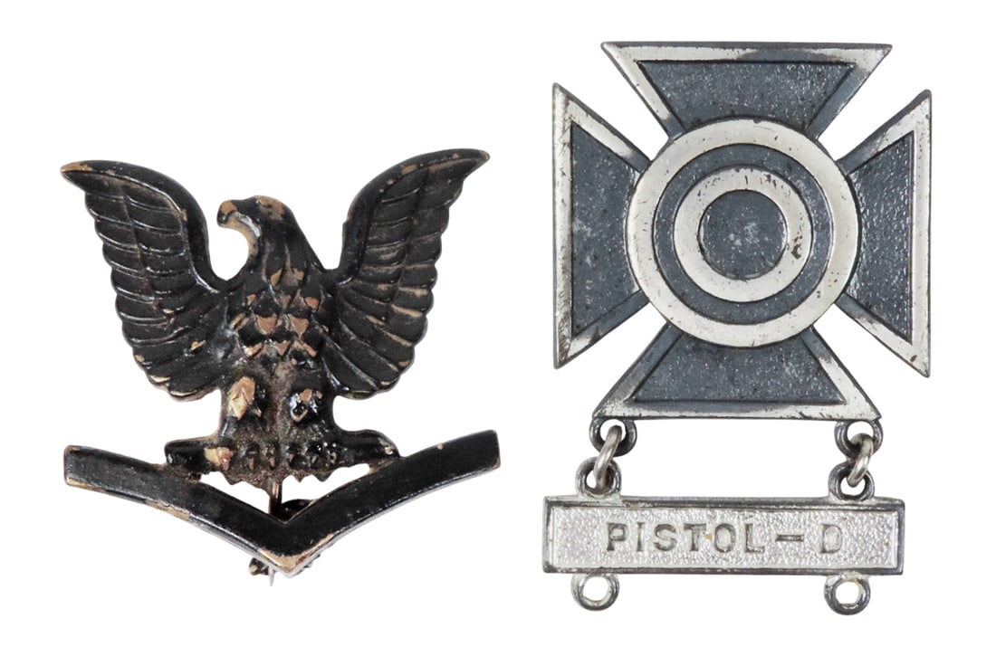 Military Insignia (2), U.S. Army Sharpshooter Qualification Badge w/a "Pistol-D" bar, a cross pat...: Military Insignia (2), U.S. Army Sharpshooter Qualification Badge w/a "Pistol-D" bar, a cross pattÃ©e w/a target at the center & rings for attaching qualification bars, metal/nickel finish &