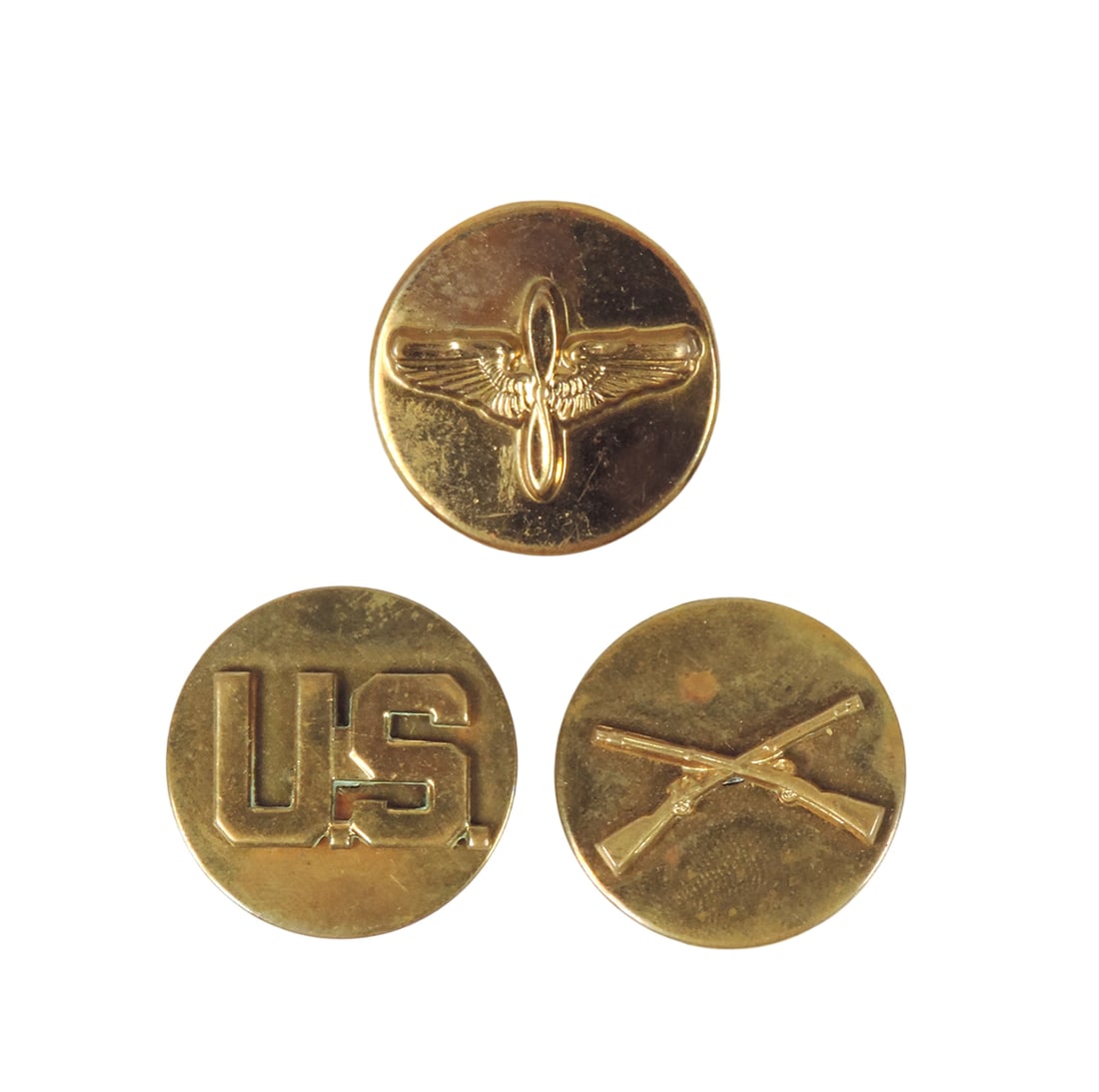 Military Insignia (3), U.S. Army Lapel Pin, displays US, brass, embossed G23, U.S. Army Infantry ...: Military Insignia (3), U.S. Army Lapel Pin, displays US, brass, embossed G23, U.S. Army Infantry Marksman Rifle Crossed Rifles Pin, embossed Denmark N.Y. 022 & U.S. Army Air Force (AAF) Enlisted Aviat