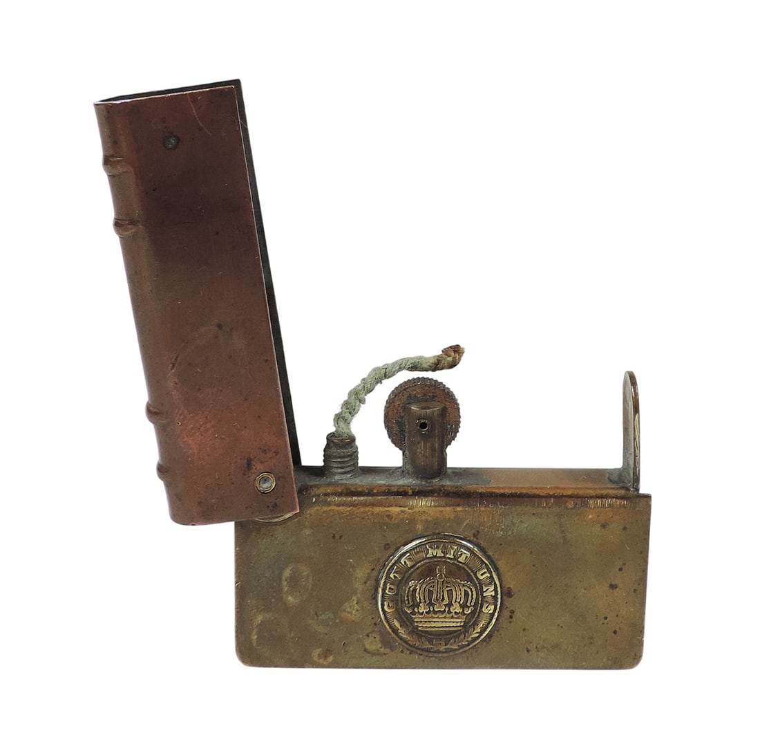 German WWII Trench Lighter, brass/copper, features a hinged lid/wick-based flint system, embossed... (1 of 2)