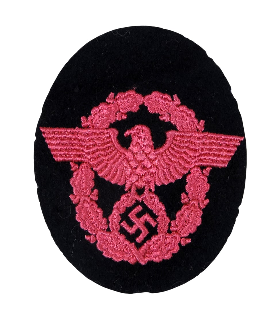 German Fire Protection Police Eagle Sleeve Patch-WWII, features an eagle w/a swastika within an oak: German Fire Protection Police Eagle Sleeve Patch-WWII, features an eagle w/a swastika within an oak leaf wreath, c. early 1900s, embroidered on black felt, Exc cond, H 3.75 x W 3".
