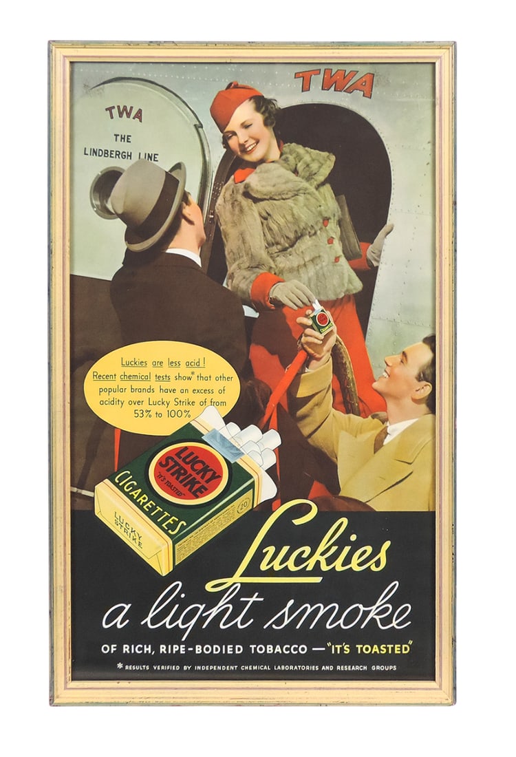Advertising TWA Lucky Strike Litho on Cardboard, TWA The Lindbergh Line, Luckies a light smoke of... (1 of 1)