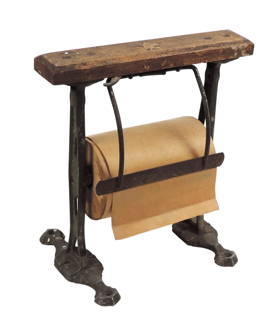 STAR Butcher Paper Dispenser w/butcher paper roll, cast iron w/wood top, faded label on wood STAR...: STAR Butcher Paper Dispenser w/butcher paper roll, cast iron w/wood top, faded label on wood STAR Cupples Company, Manufactures, St. Louis, embossed 142 on bottom stand, Exc working mechanism, c. earl