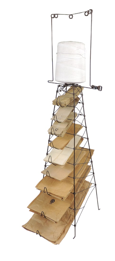 Country Store Wirework Bag/String Holder, includes various paper bags/string roll, unmarked, c. e... (1 of 1)