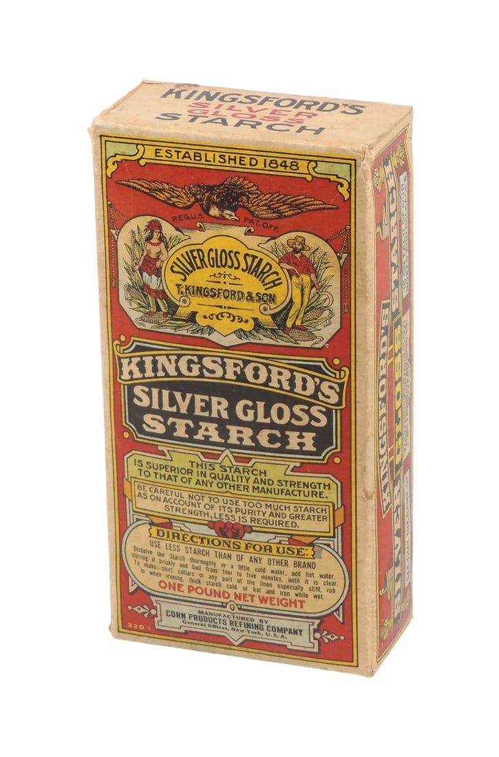 Country Store Kingsford's Silver Gloss Starch, NOS w/orig contents, Established 1848, REG U.S. PA...: Country Store Kingsford's Silver Gloss Starch, NOS w/orig contents, Established 1848, REG U.S. PAT OFF, Mfg by Corn Products Refining Co., General Offices, New York, NY-USA, litho on cardboard, c. lat