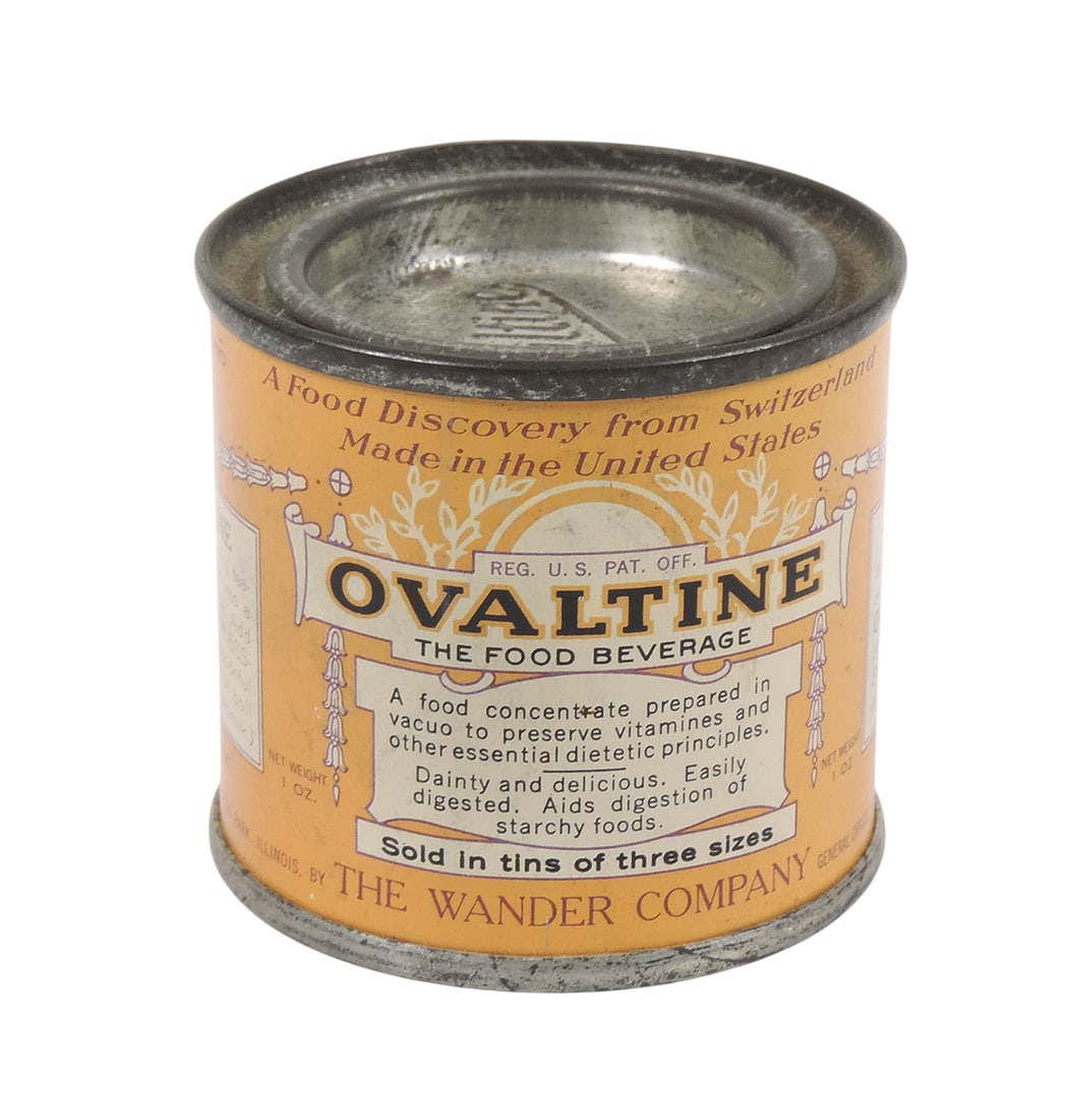 Country Store Ovaltine The Food Beverage Sample Package Tin w/orig product, REG U.S. PAT OFF, Mfg...: Country Store Ovaltine The Food Beverage Sample Package Tin w/orig product, REG U.S. PAT OFF, Mfgd at Villa Park, Illinois By The Wander Company, General Offices Chicago Illinois-USA, Net Wt 1 oz, emb