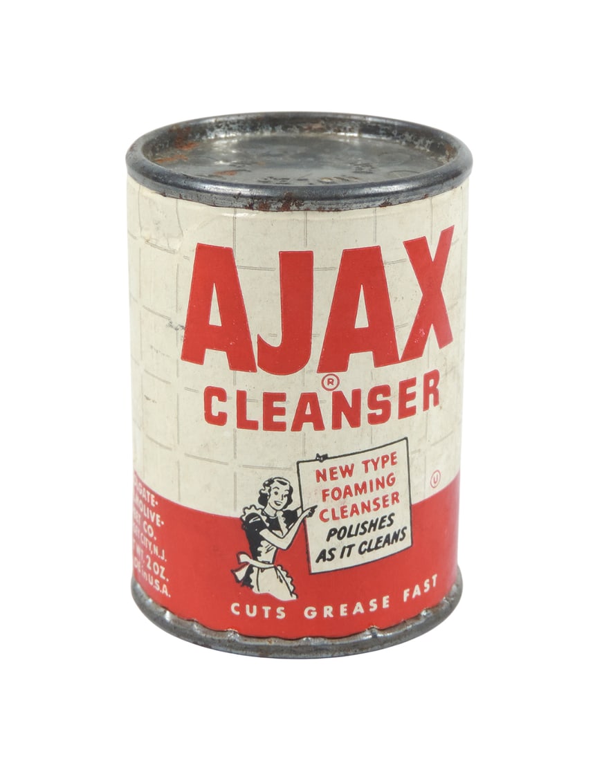 Country Store AJAX Cleanser w/orig contents, tin top/bottom/cardboard cylinder paper label, Colga...: Country Store AJAX Cleanser w/orig contents, tin top/bottom/cardboard cylinder paper label, Colgate-Palmolive-Peet Co., Jersey City, NJ-USA, Net Wt 2 oz, Made in USA, VG cond w/cylinder slightly inden