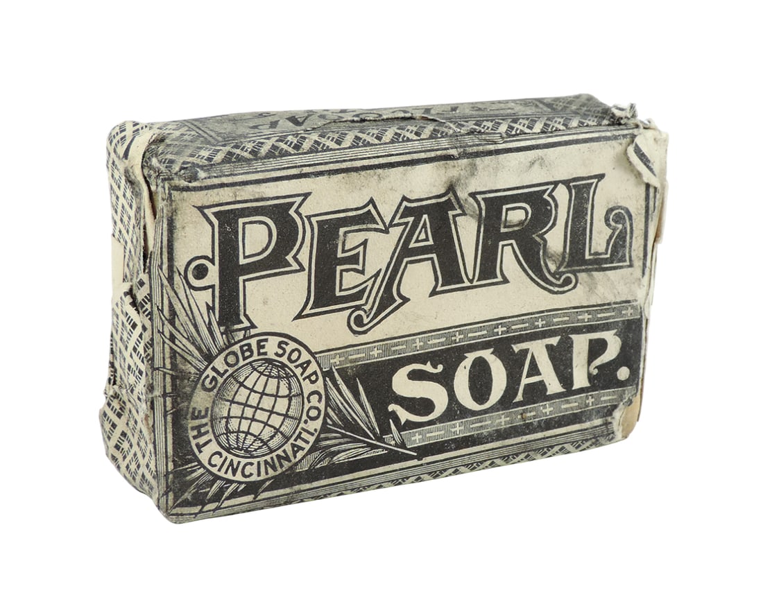 Country Store Pearl Soap Bar, NOS w/orig contents, The Globe Soap Co., Cincinnati-USA, White Vege...: Country Store Pearl Soap Bar, NOS w/orig contents, The Globe Soap Co., Cincinnati-USA, White Vegetable Oil Soap, Large Size, c.1890s-1900s, VG cond w/minor age-related wear to label, W 4.5 in.