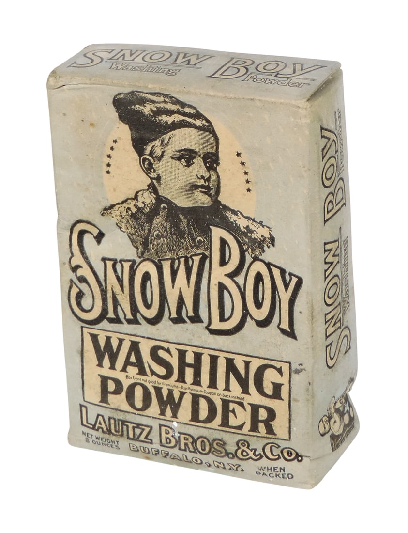Country Store Snow Boy Washing Powder Box, Lautz Bros & Co., Buffalo, NY-USA, Net Wt 8 oz, c. early: Country Store Snow Boy Washing Powder Box, Lautz Bros & Co., Buffalo, NY-USA, Net Wt 8 oz, c. early 1900s, cardboard, NOS w/orig contents w/minor age-related wear, Good+ cond, 5.5"H.