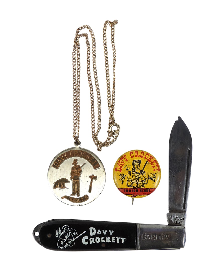 Davy Crockett Souvenirs (3), Davy Crockett Scout Necklace, Davy Crockett Indian Scout Pinback But... (1 of 2)