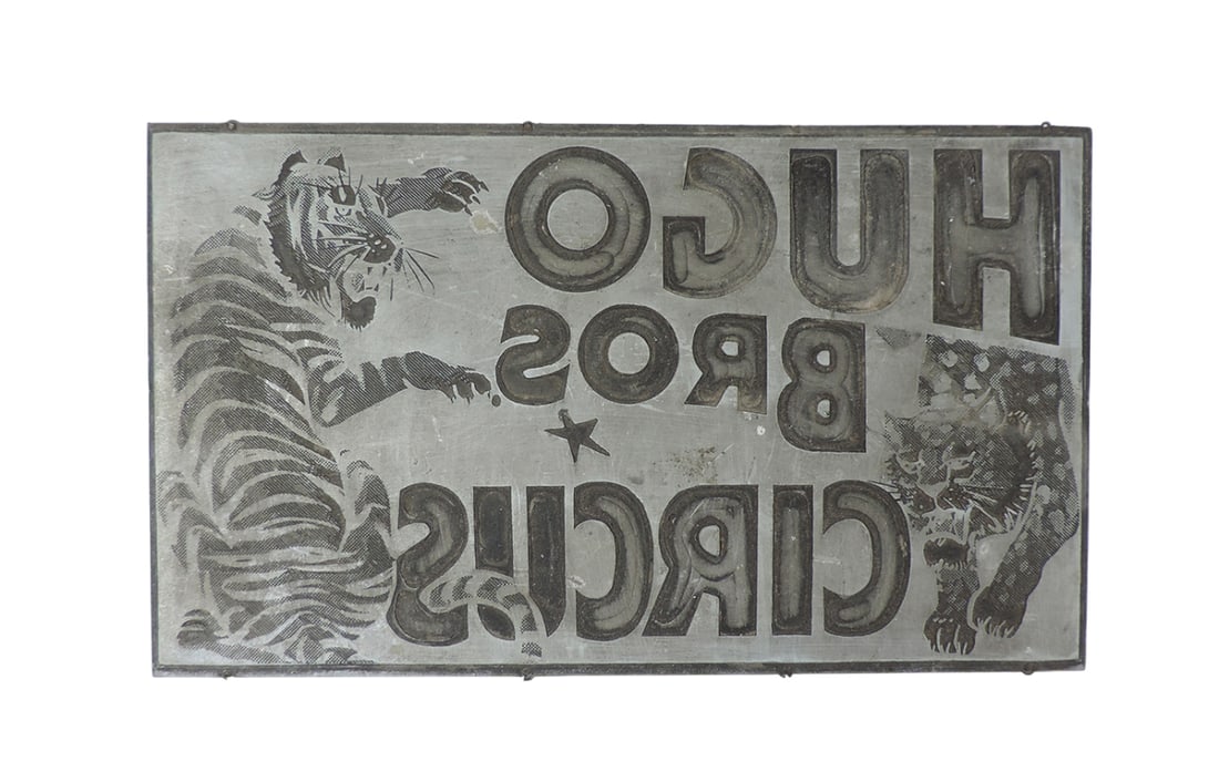 Hugo Bros. Circus Printing Plate, metal front w/wood back, earlier 1900's, Exc cond, H 5.5 x W 9....: Hugo Bros. Circus Printing Plate, metal front w/wood back, earlier 1900's, Exc cond, H 5.5 x W 9.5 in.