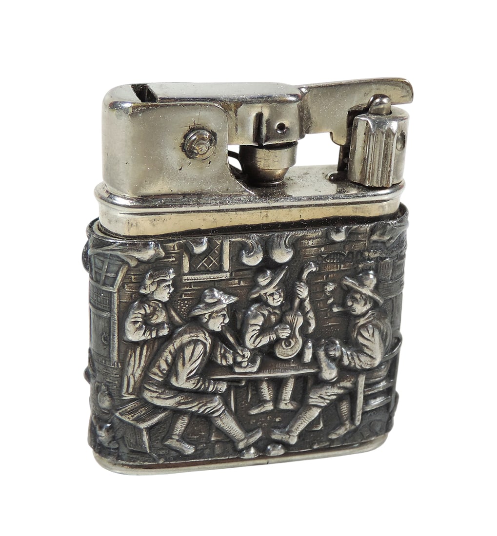 Baby-Mylflam Cigarette Lighter, Brit.Patent-D.R.P. Brevete S.G.D.G., repousse silver Pub scene w/...: Baby-Mylflam Cigarette Lighter, Brit.Patent-D.R.P. Brevete S.G.D.G., repousse silver Pub scene w/chrome fittings, Exc cond w/working mechanism, H 1.5 in.