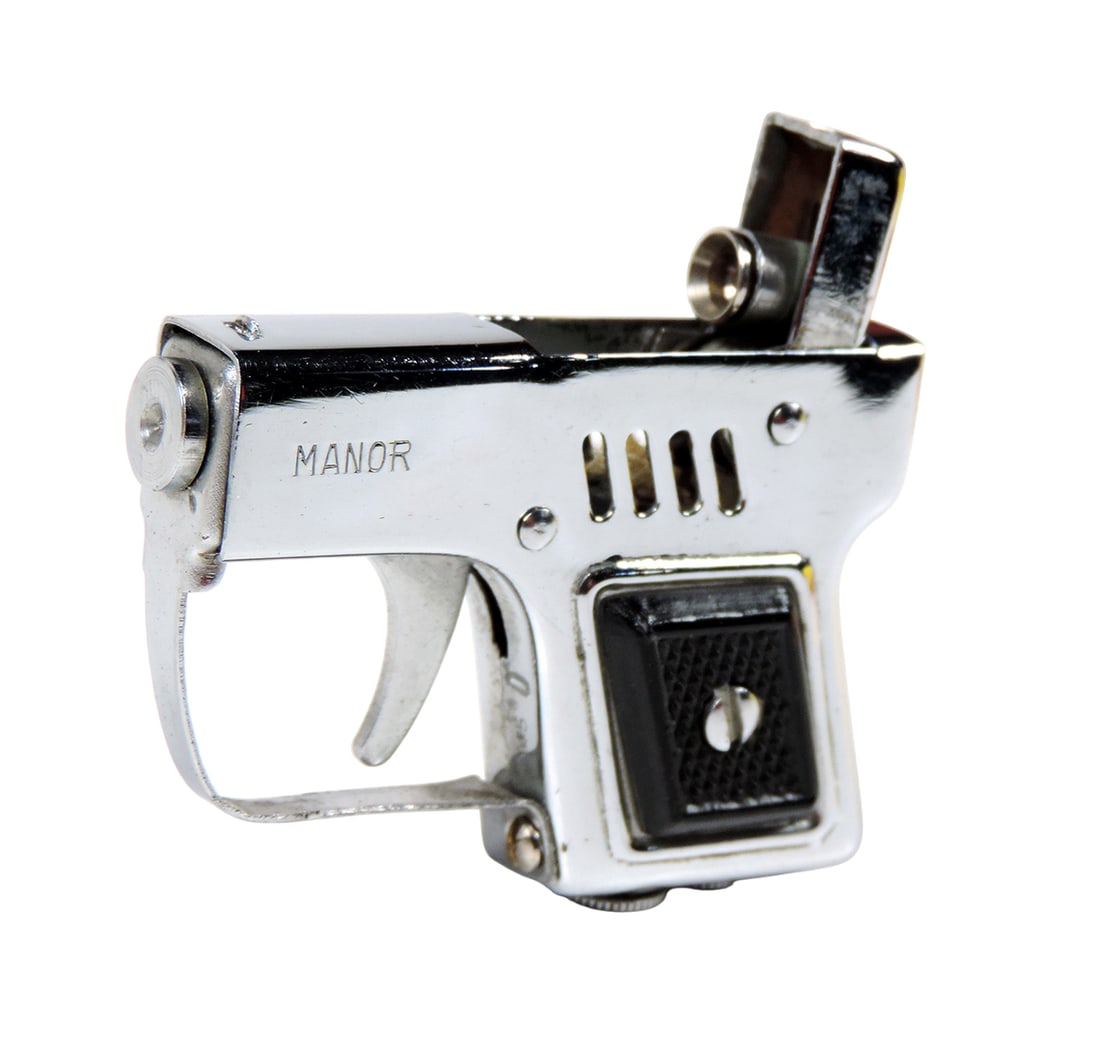 Pistol-Shaped MANOR Cigarette Lighter, embossed MANOR & Japan, Exc cond w/working mechanism, W 2 ...: Pistol-Shaped MANOR Cigarette Lighter, embossed MANOR & Japan, Exc cond w/working mechanism, W 2 in.