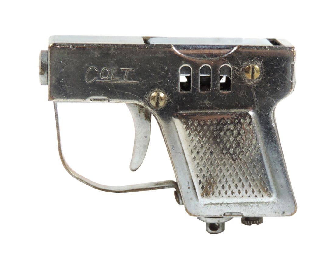 Pistol-Shaped Cigarette Lighter, embossed COLT, Exc cond w/minor age-related wear/working mechani...: Pistol-Shaped Cigarette Lighter, embossed COLT, Exc cond w/minor age-related wear/working mechanism, H 2.25 in.