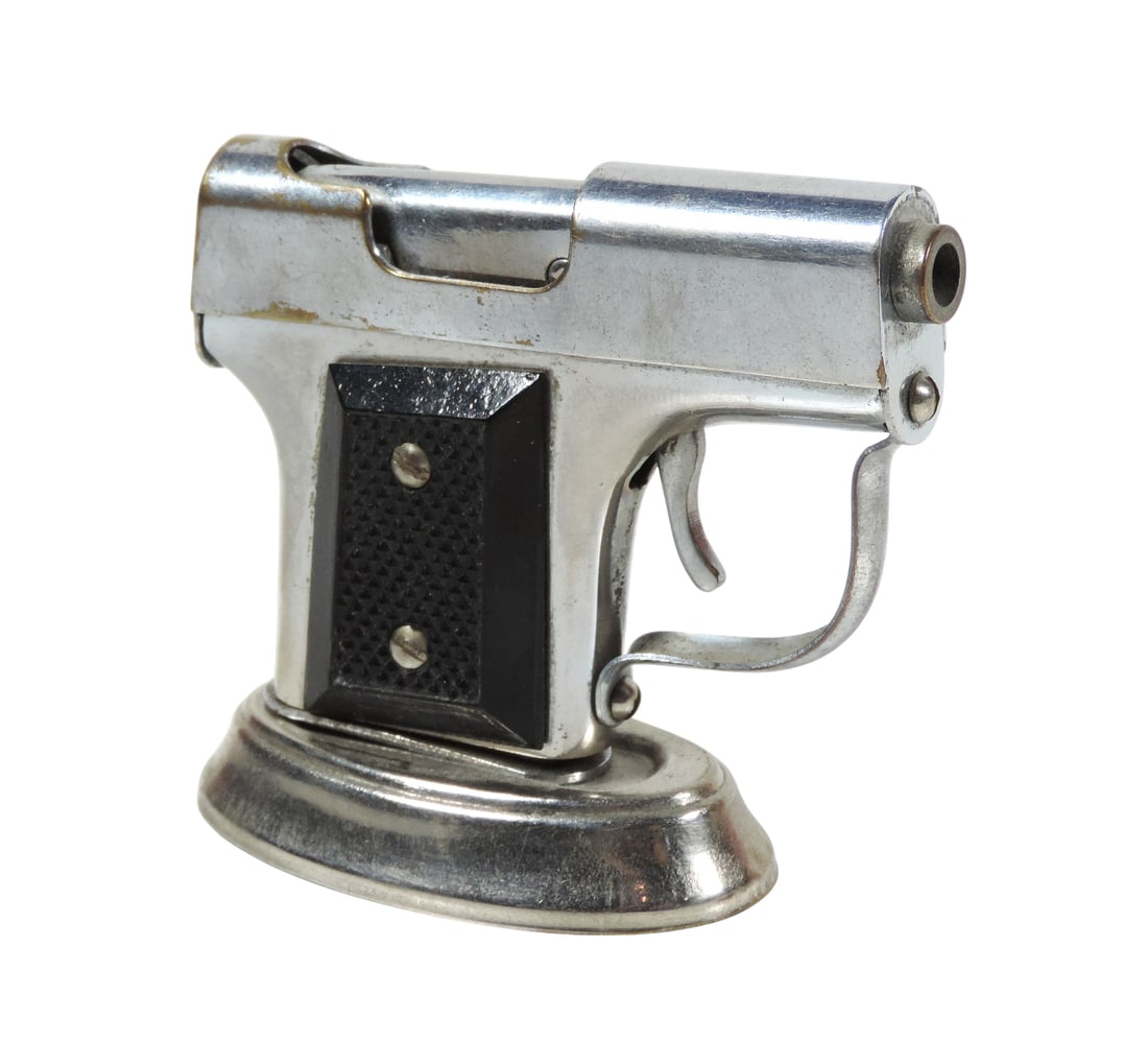 Novelty Pistol-Shaped Cigarette Lighter, embossed Made In Occupied Japan, metal, Exc cond w/working: Novelty Pistol-Shaped Cigarette Lighter, embossed Made In Occupied Japan, metal, Exc cond w/working mechanism, H 2.5 x W 3 in.