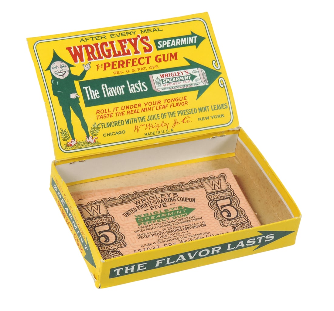 Wrigley's Chewing Gum Display Box & Coupons, The Perfect Gum, REG U.S. PAT OFF, Made in USA Chicago (1 of 2)