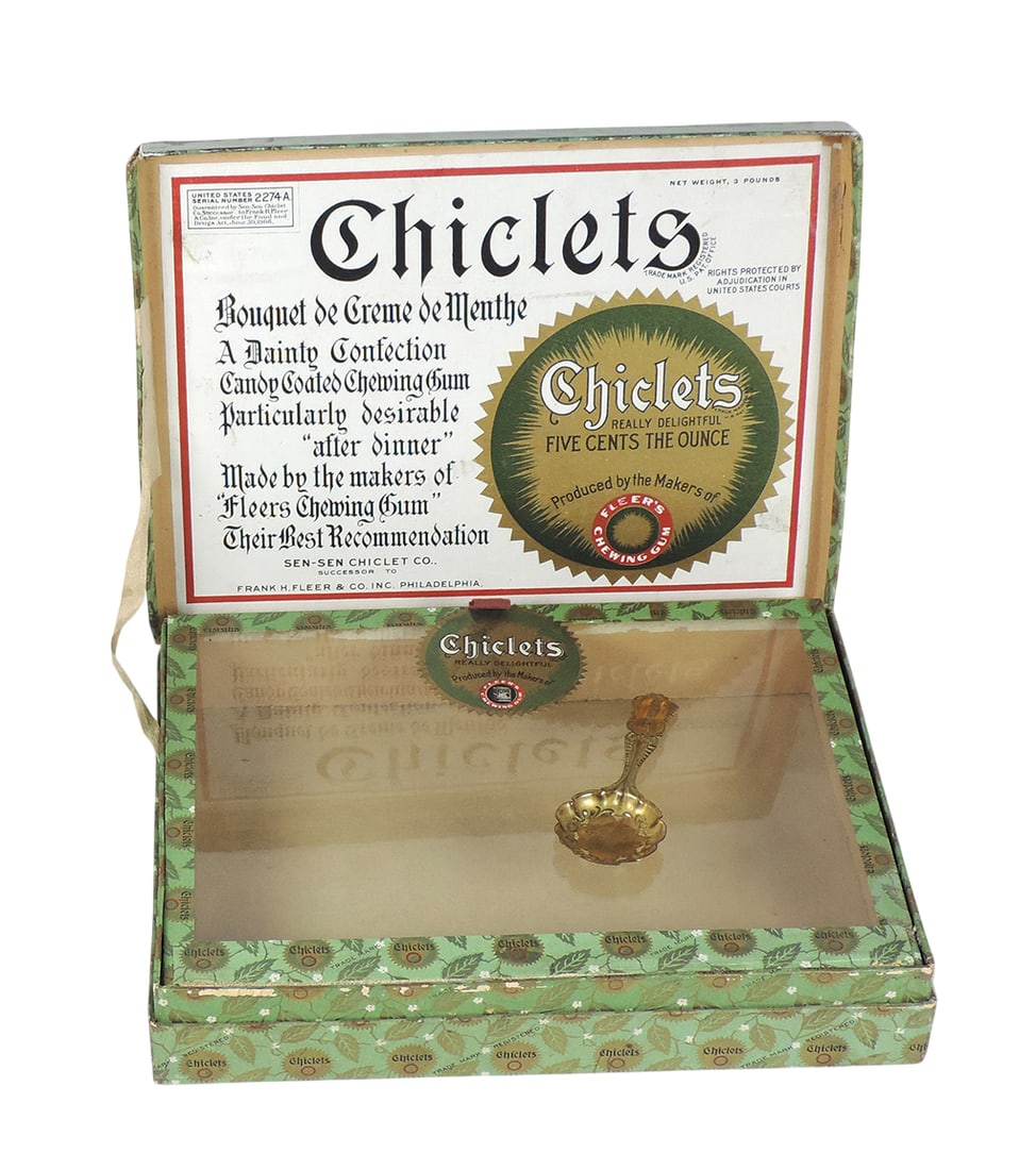 Chiclet's Display Case & Candy Spoon, box is glass/cardboard w/paper wrapped label, Sen-Sen Chiclet (1 of 2)