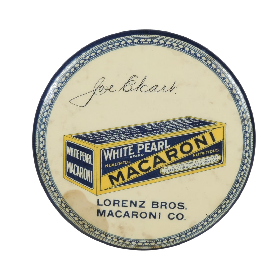 Advertising Pocket Mirror, Lorenz Bros. Macaroni Co, White Pearl Brand Macaroni Nutritious, The W...: Advertising Pocket Mirror, Lorenz Bros. Macaroni Co, White Pearl Brand Macaroni Nutritious, The Whitehead & Co., Newark, NJ-USA, celluloid face, c. early 1900s, VG+ cond w/minor age-related wear, Dia 