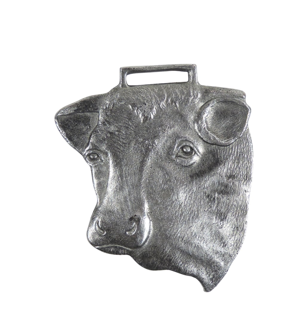 Advertising Watch Fob, ARMOUR'S Extract of Beef Vigoral Tomato Bouillon makes the finest Hot Drink,: Advertising Watch Fob, ARMOUR'S Extract of Beef Vigoral Tomato Bouillon makes the finest Hot Drink, Armour & Company Chicago, metal beef cow head design, c. early 1900s, Exc cond, H 1.75 x W 1.5 in.