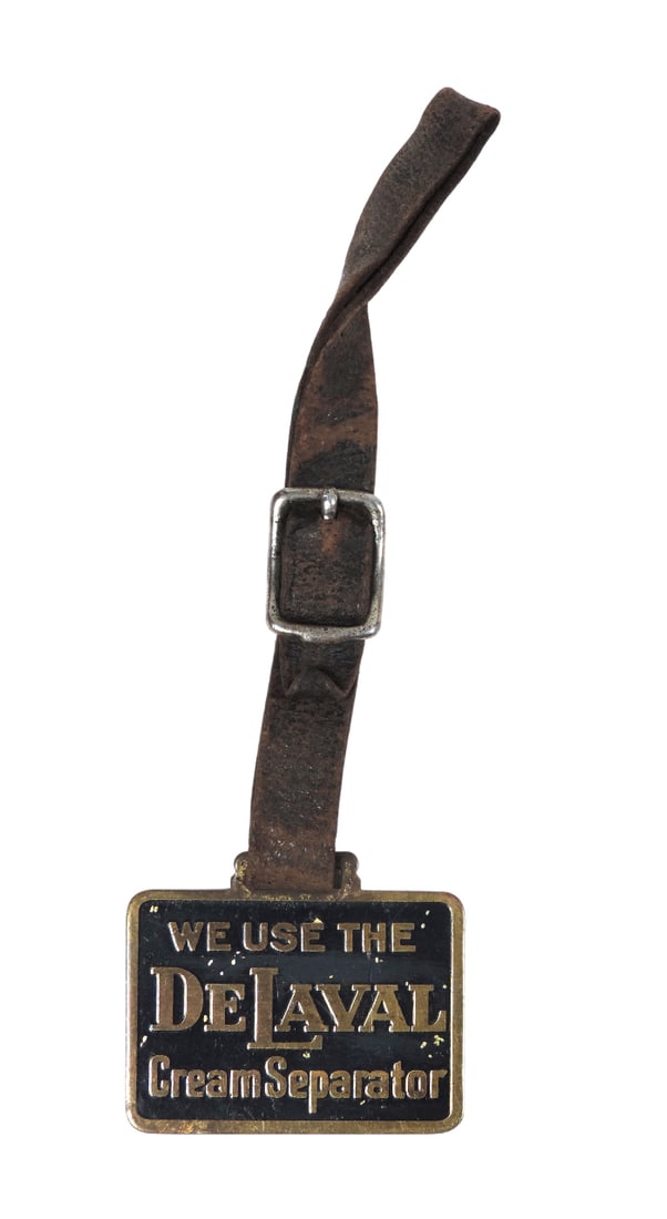 De Laval Cream Separator Watch Fob, brass/enamel w/leather strap, c. early 1900s, VG+ cond w/mino... (1 of 1)