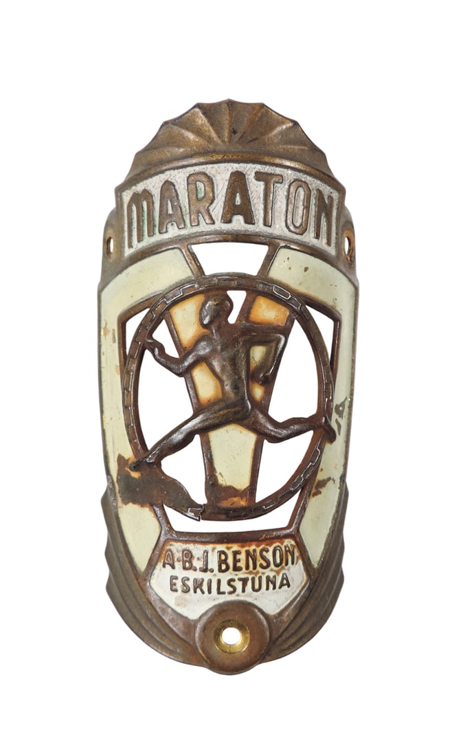 Vintage Marathon Bicycle Head Badge, A-B.J. Benson Eskilstuna, embossed tin, VG cond, H 3 in. (1 of 1)