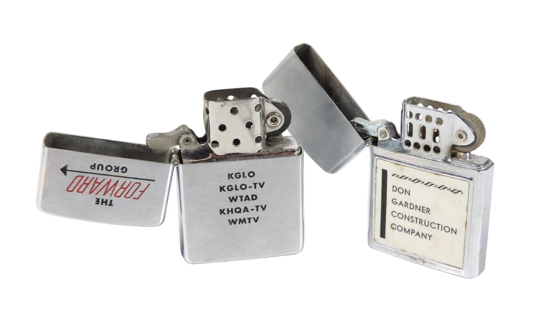 ZIPPO & WARCO Advertising Lighters (2), Advertising ZIPPO The Forward Group KGLO KGLO-TV WTAD KHQ...: ZIPPO & WARCO Advertising Lighters (2), Advertising ZIPPO The Forward Group KGLO KGLO-TV WTAD KHQA-TV WMTV, flint wheel spins freely & Advertising WARCO Don Gardner Construction Company, flint wheel s