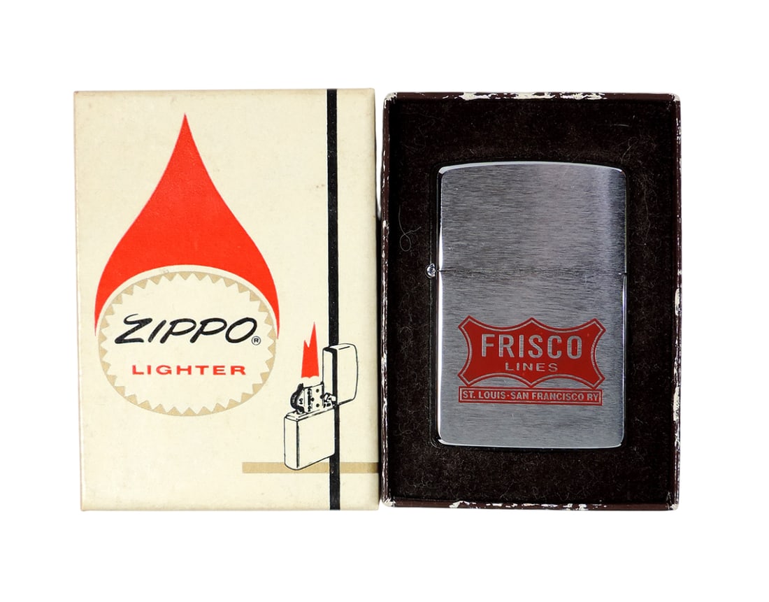 Frisco Lines ZIPPO Lighter, Frisco Lines St. Louis-San Francisco RY. NOS in orig box, Exc cond, box: Frisco Lines ZIPPO Lighter, Frisco Lines St. Louis-San Francisco RY. NOS in orig box, Exc cond, box is 3.25"H.