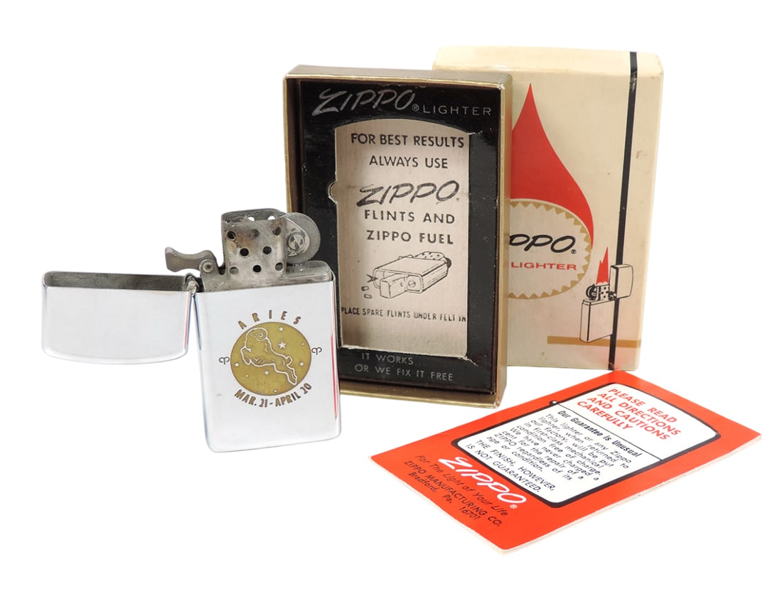 Aries ZIPPO Slim Lighter in orig box, embossed ARIES MAR 31-APRIL 20, Zippo Mfg Co., Bradford, PA... (1 of 2)