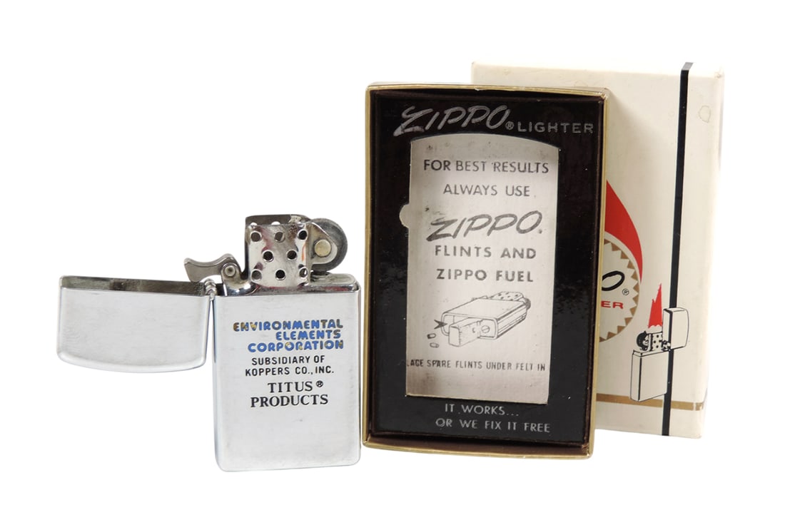 Titus Mfg.  ZIPPO Slim Lighter in orig box, inscribed Environmental Elements Corporation Subsidiary (1 of 2)