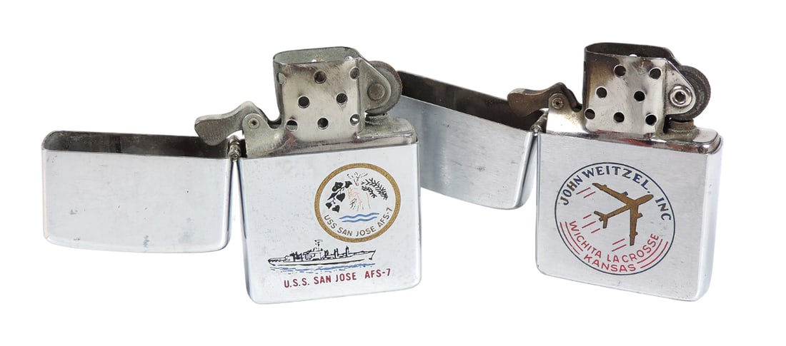 ZIPPO Advertising Lighters (2), inscribed John Weitzel Inc. Wichita La Crosse Kansas, Zippo Mfg C... (1 of 3)