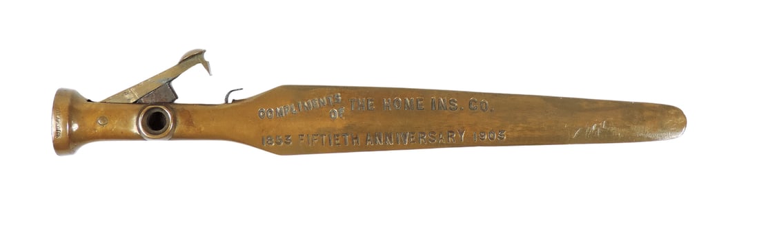 Letter Opener/Cigar Cutter, embossed Compliments of The Home Ins. Co., 1853 Fiftieth Anniversary ...: Letter Opener/Cigar Cutter, embossed Compliments of The Home Ins. Co., 1853 Fiftieth Anniversary 1903, PAT APL'D FOR, brass, VG+ cond, L 8 in.