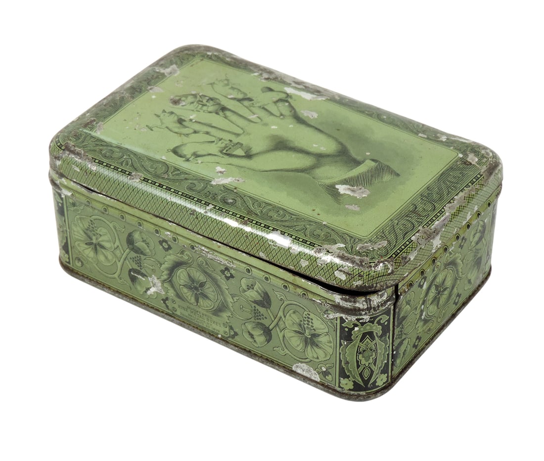 Five Little Piggies Tin, depiction of a hand w/pigs on the fingers, referencing the nursery rhyme...: Five Little Piggies Tin, depiction of a hand w/pigs on the fingers, referencing the nursery rhyme "This Little Piggy", litho on tin w/hinged lid, Mfg by Somers Bros Fine Metal Boxes, Brooklyn, NY-USA,