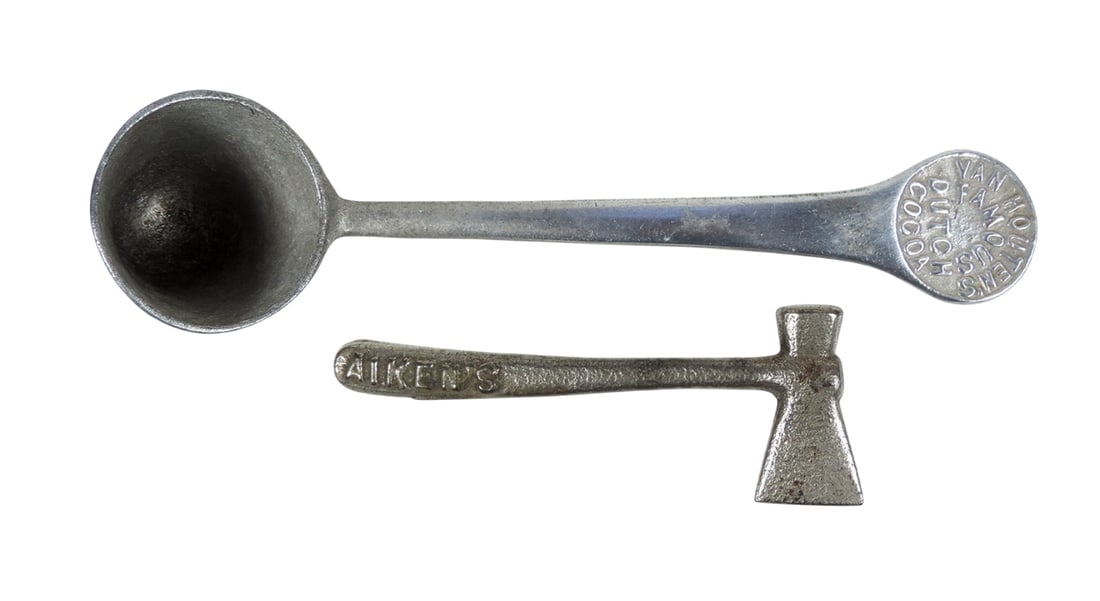 Aiken's Toffee Hammer & Van Houten's Famous Dutch Cocoa Dipper, cast iron/aluminum, early 1900s, ... (1 of 2)