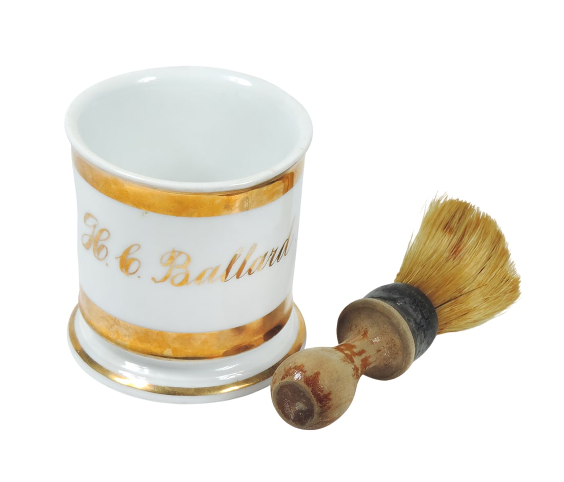 Shaving Mug & Brush, H.C. Ballard, white porcelain w/gold trim, Barber Hair Brush embossed Albright (1 of 3)