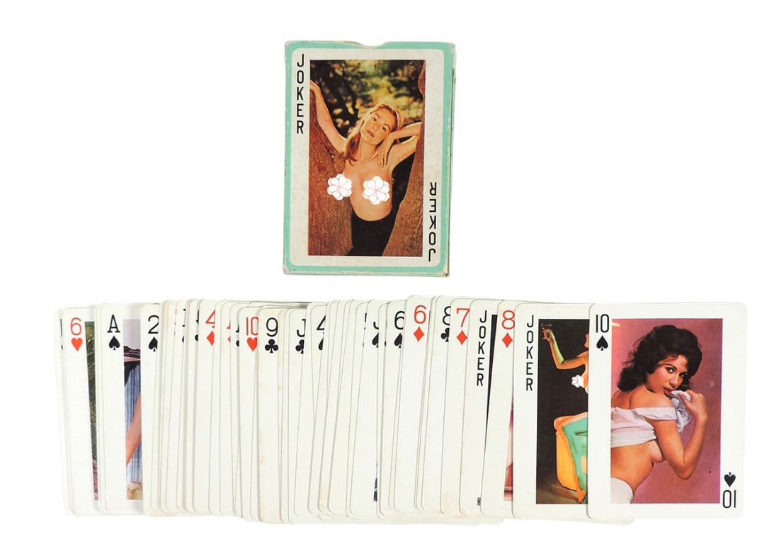 Nude Playing Cards, Honey Brand, 54 Excellent Universal Models Colour Pictures, Plastic Coated, No.: Nude Playing Cards, Honey Brand, 54 Excellent Universal Models Colour Pictures, Plastic Coated, No. 405, 52 cards/2 Jokers, VG cond w/minor age-related wear,H 3.5 in.