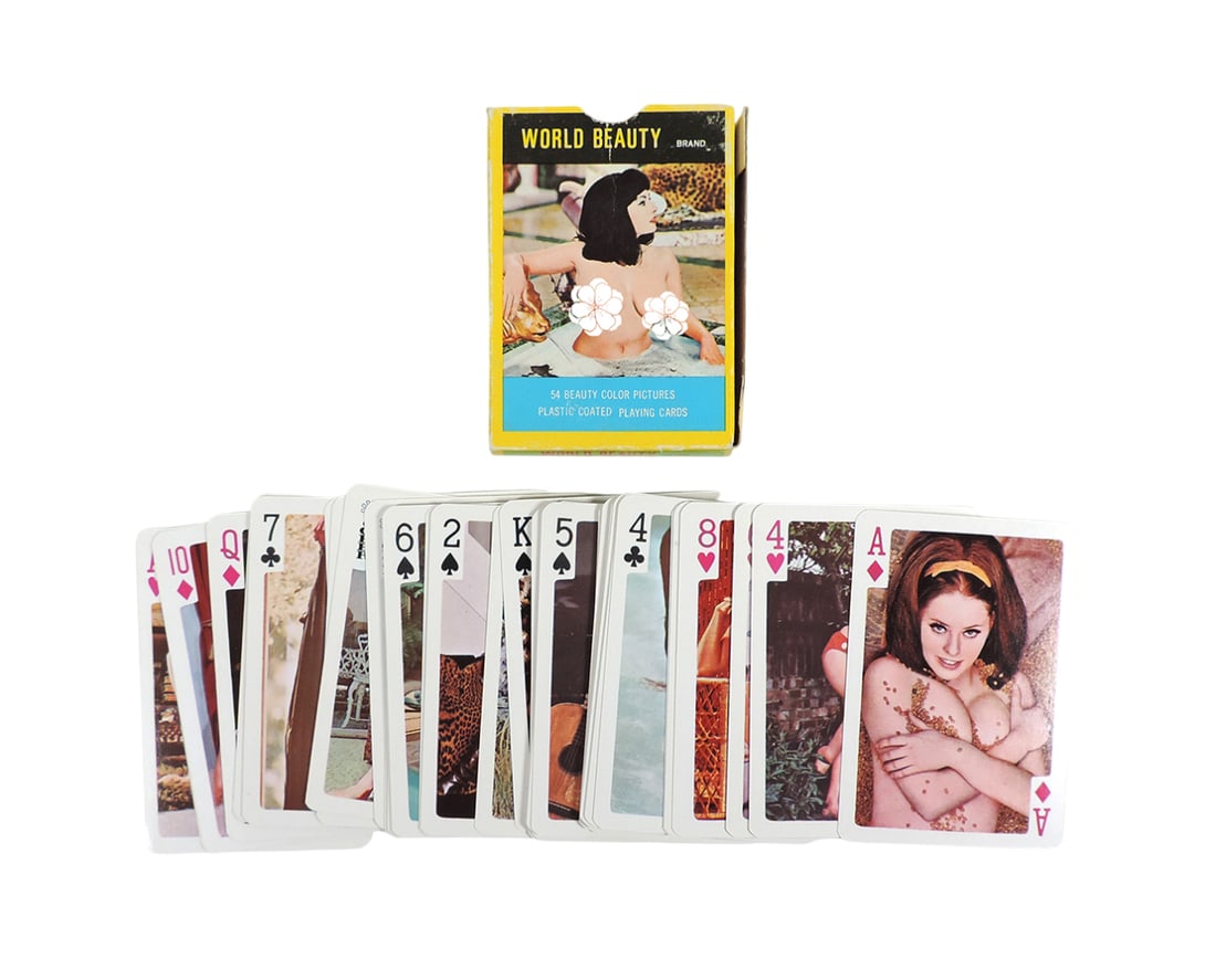 Nude Playing Cards, World Beauty Brand, 54 Beauty Color Pictures, Plastic Coated, Made in British...: Nude Playing Cards, World Beauty Brand, 54 Beauty Color Pictures, Plastic Coated, Made in British C.C. Hong Kong, 52 cards/2 Jokers, cards in Exc cond, box Good+, H 3.5 in.