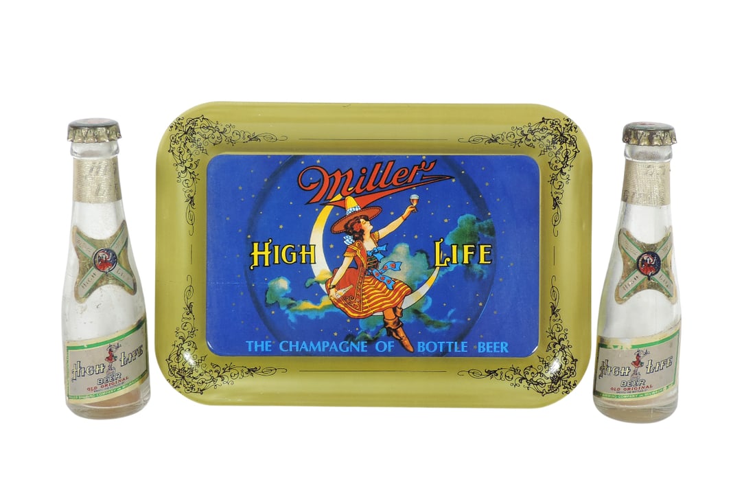 Breweriana Tip Tray, Miller High Life Beer, litho on tin & 2 miniature Miller High Life Beer bott... (1 of 1)