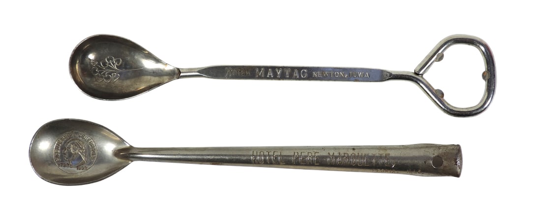 Vaughan Bar Spoons (2), cocktail spoon/bottle opener combo, Hotel Maytag, Newton, Iowa, & Hotel P...: Vaughan Bar Spoons (2), cocktail spoon/bottle opener combo, Hotel Maytag, Newton, Iowa, & Hotel Pere Marquette, Peoria, Ills, w/Bicentennial Celebration 1731-1932 embossed in bowl of spoon, silver-ton