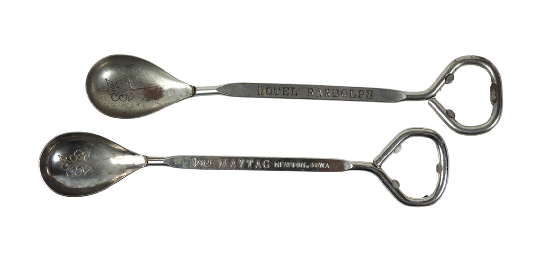 Vaughan Bar Spoons (2), cocktail spoon/bottle opener combo, Hotel Randolph & Hotel Maytag, Newton... (1 of 1)