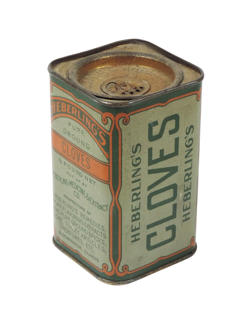 Country Store Heberling's Cloves Tin, Put Up by Heberling Medicine & Extract Co., Bloomington, Ill,: Country Store Heberling's Cloves Tin, Put Up by Heberling Medicine & Extract Co., Bloomington, Ill, litho on tin w/rotating dispenser on embossed tin top, contains product, VG+ cond, H 4.25 in.
